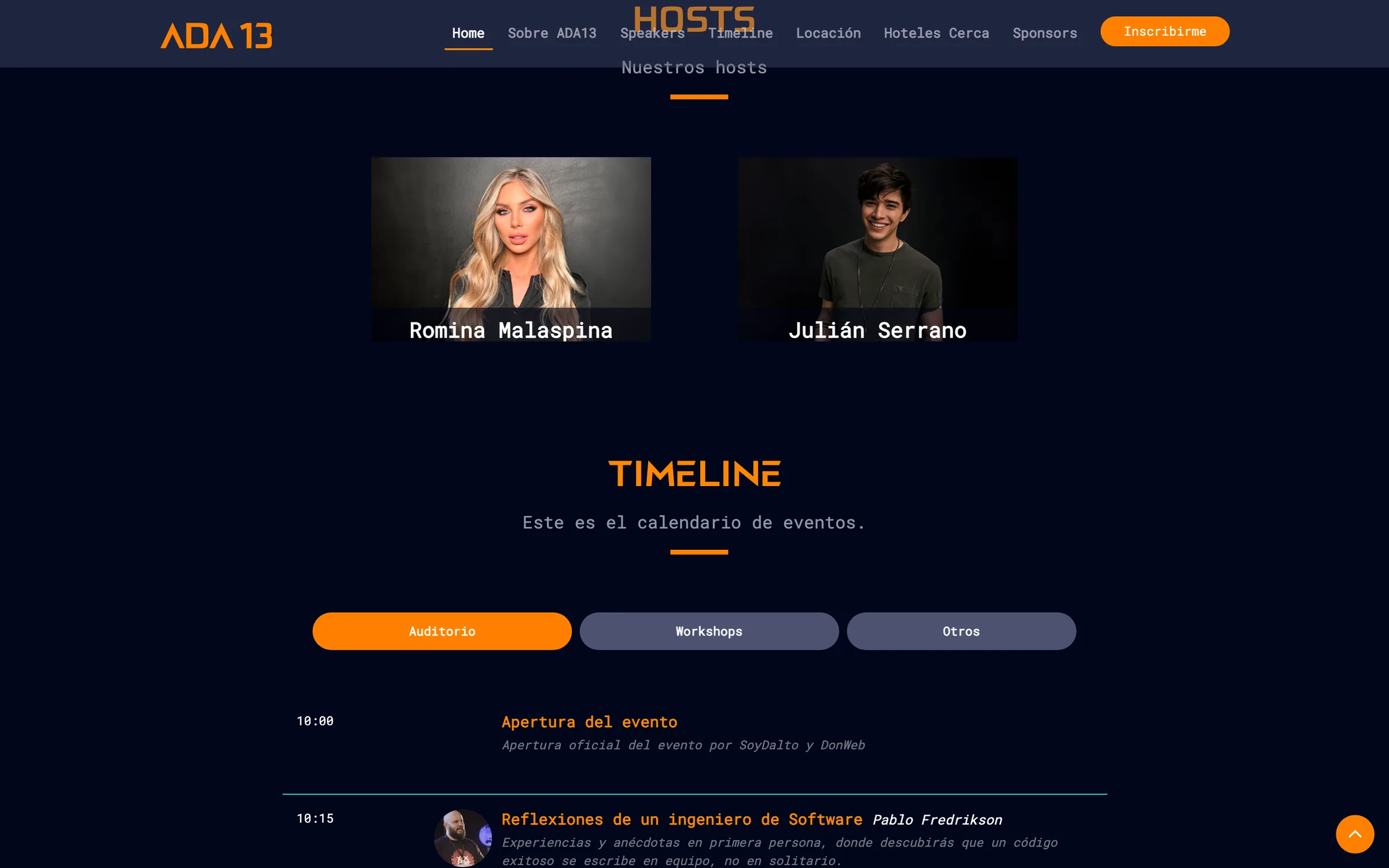 Los hosts y la agenda del sitio archivado, con sus tres tracks: Auditorio, Workshops y Otros