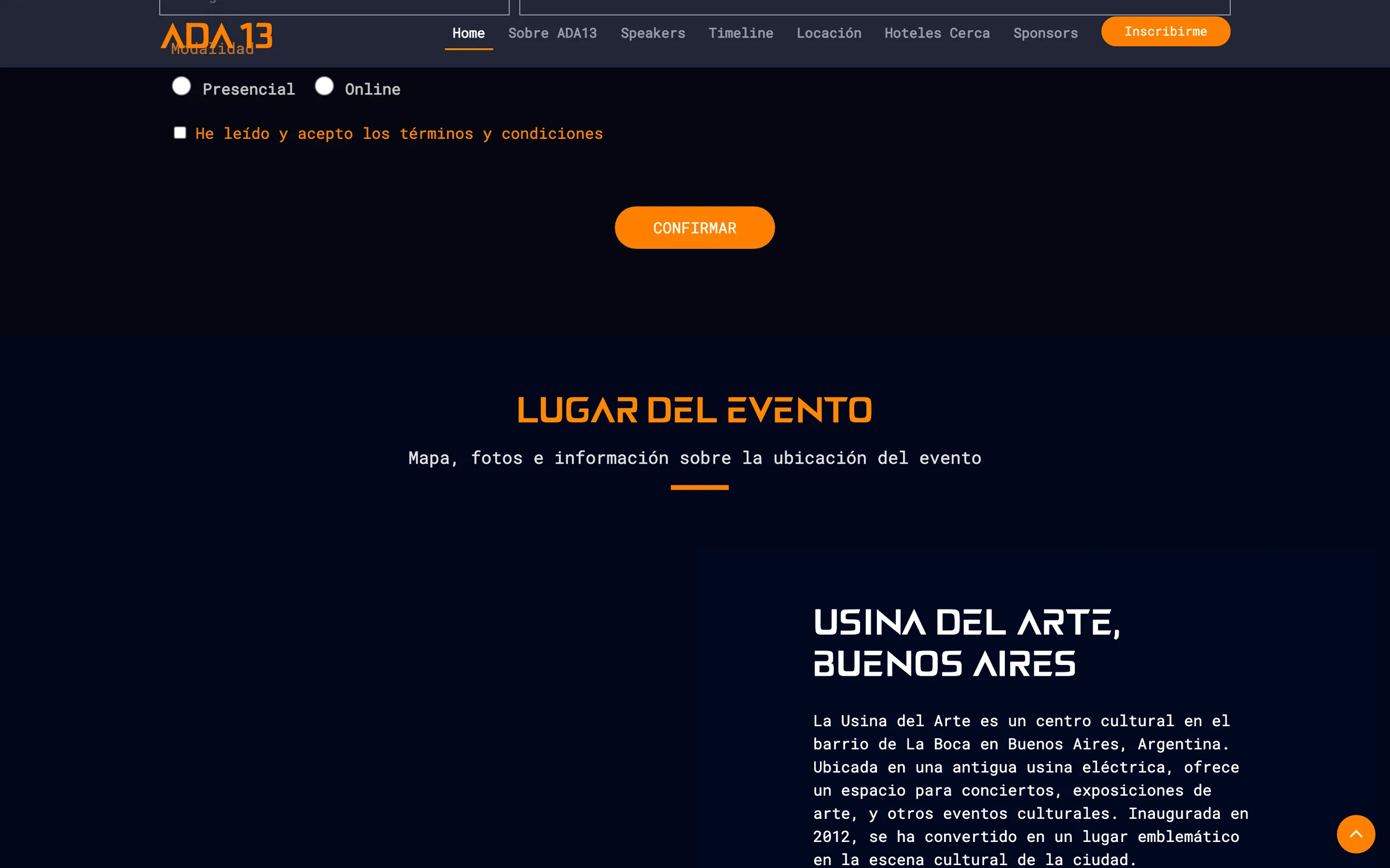 El final del formulario, con la modalidad presencial u online, y la sección Lugar del evento: Usina del Arte, Buenos Aires