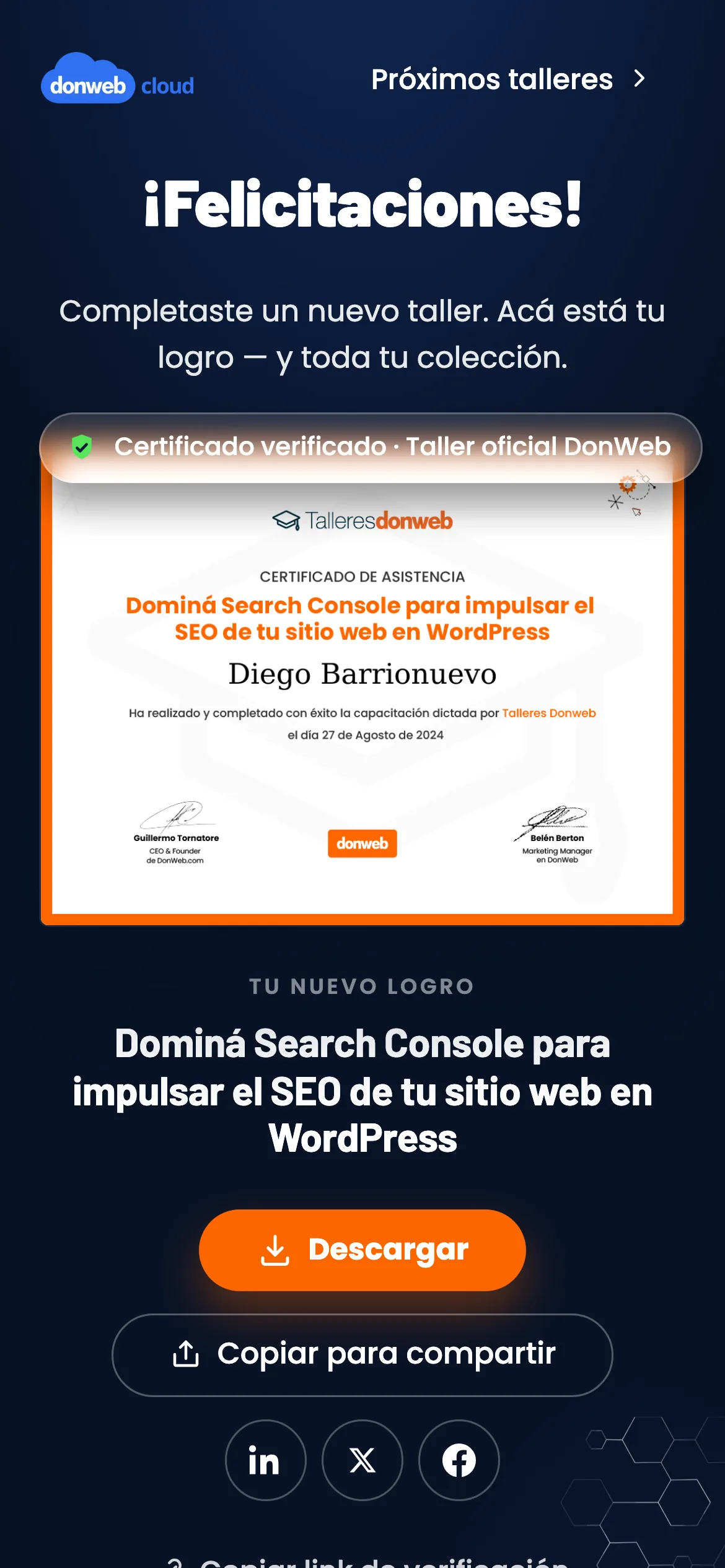 Página de un certificado en el celular
