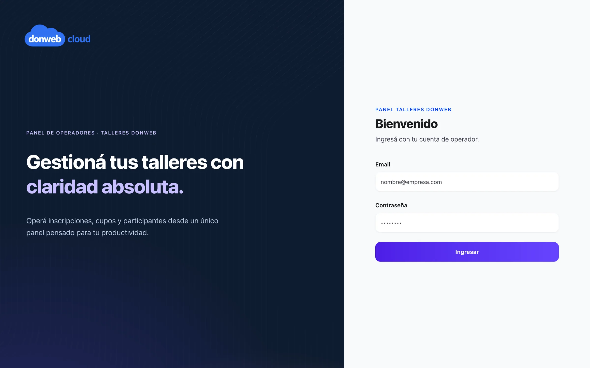 Pantalla de ingreso al panel de operación de los talleres