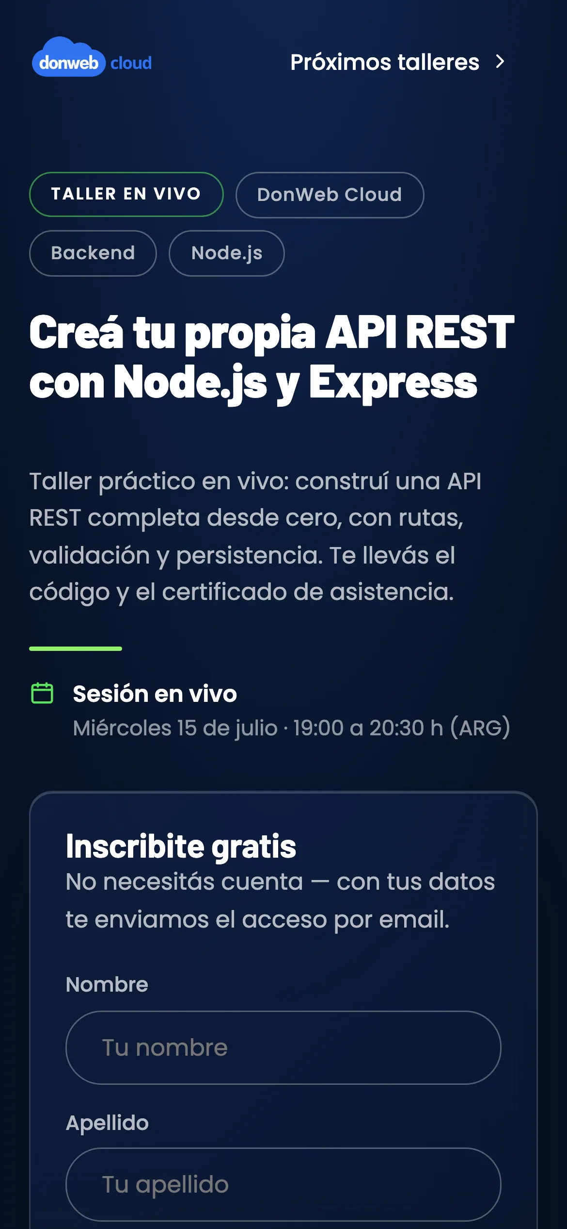 Landing de registro en el celular