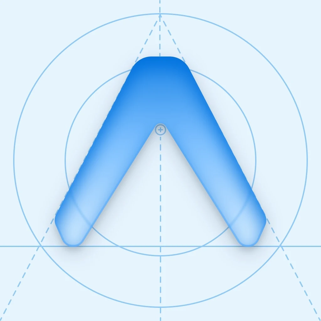El ícono de la app: un chevrón azul sobre un plano celeste con líneas de construcción