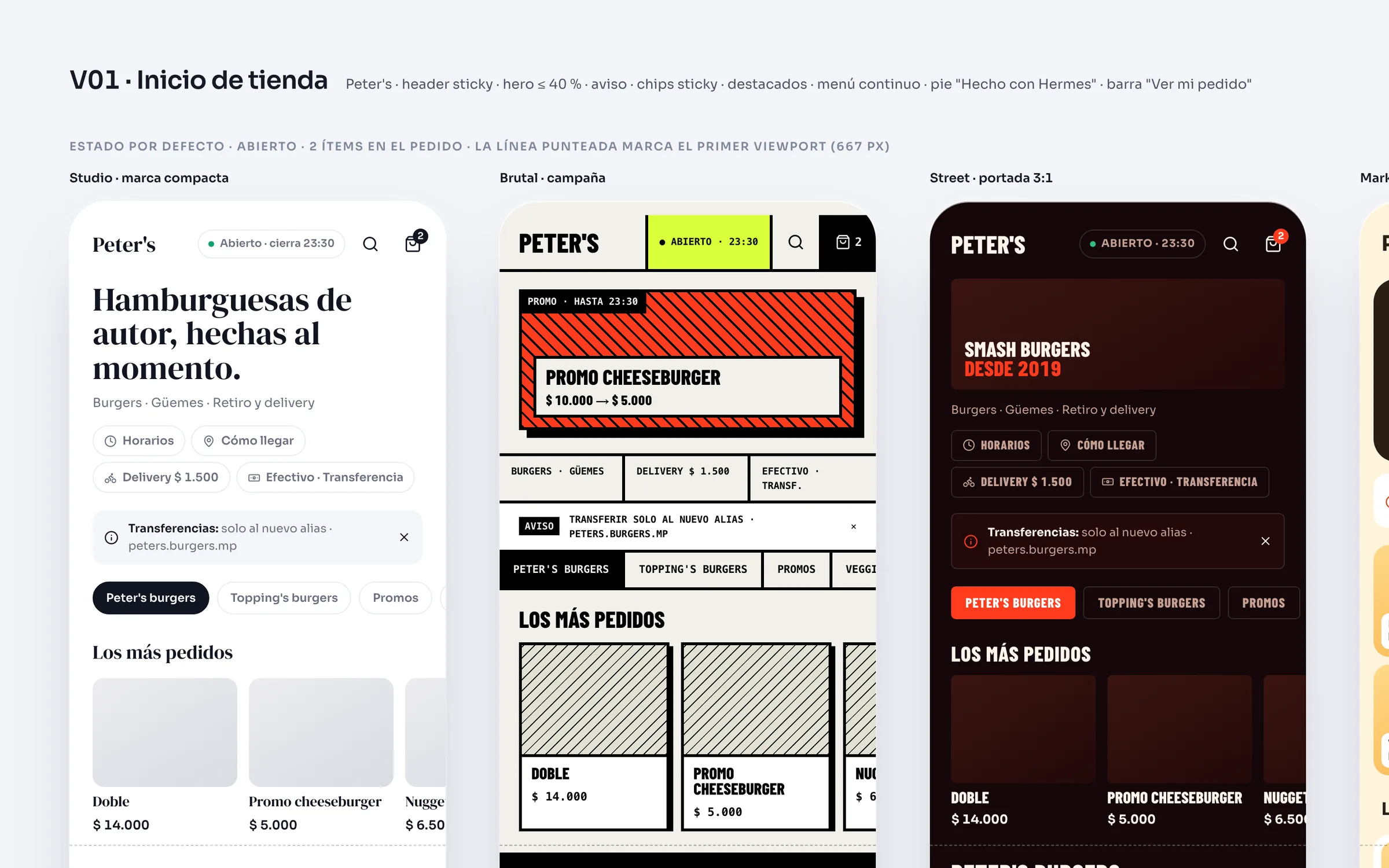 Canvas de diseño del inicio de la tienda en los cuatro temas: cabecera, portada, chips y los más pedidos