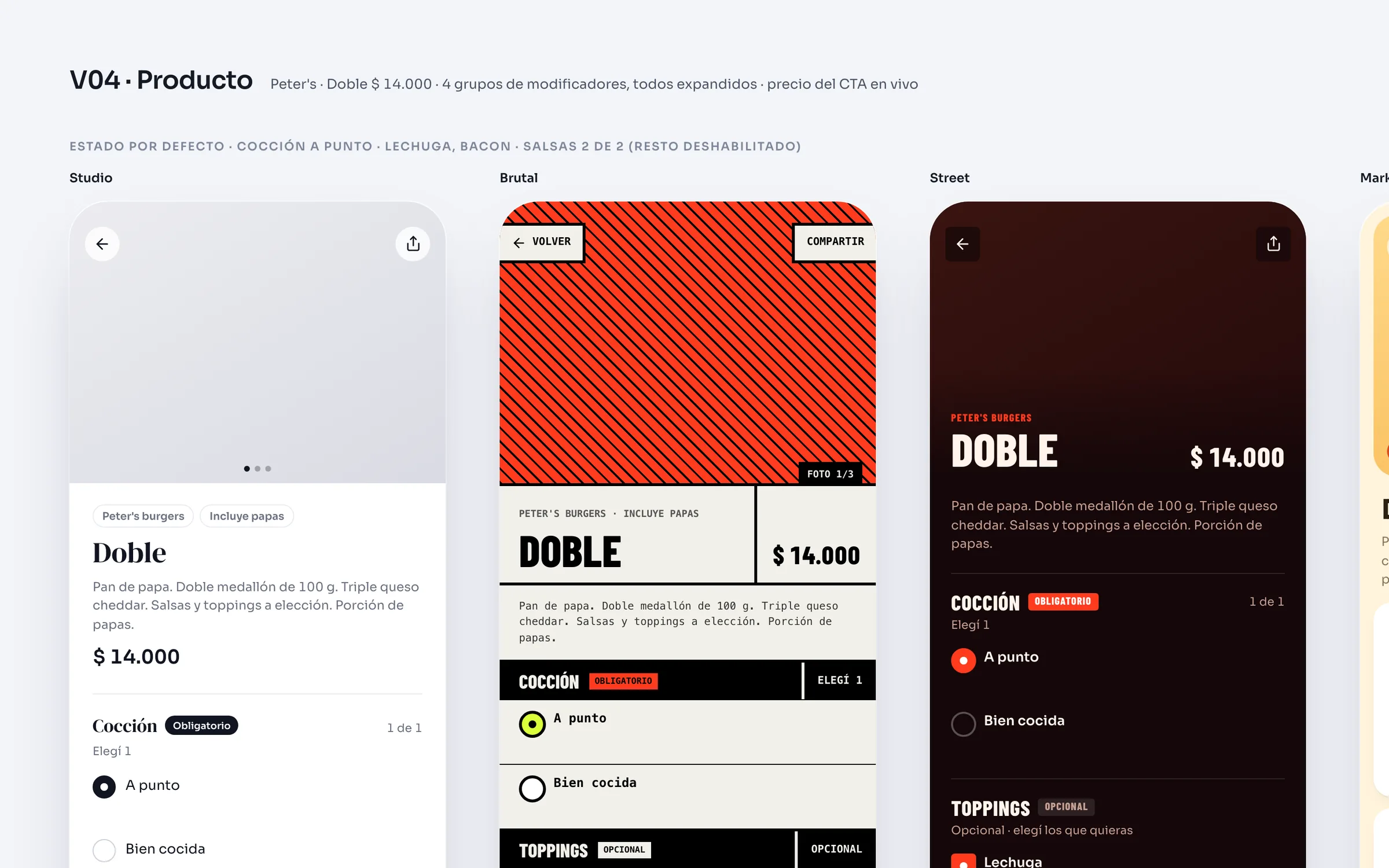Canvas de diseño de la ficha de producto, Doble $ 14.000 con sus grupos de modificadores, en los cuatro temas
