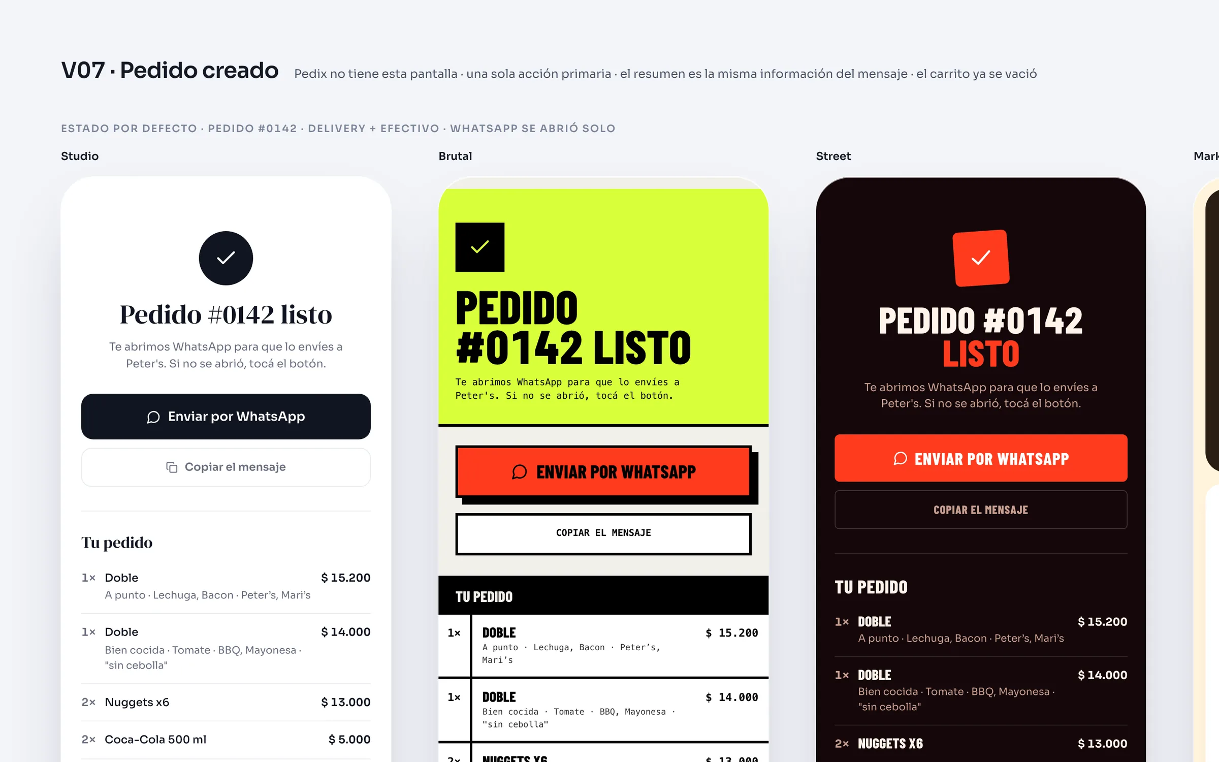 Canvas de diseño de la pantalla Pedido creado: pedido #0142 listo y el botón Enviar por WhatsApp, en los cuatro temas