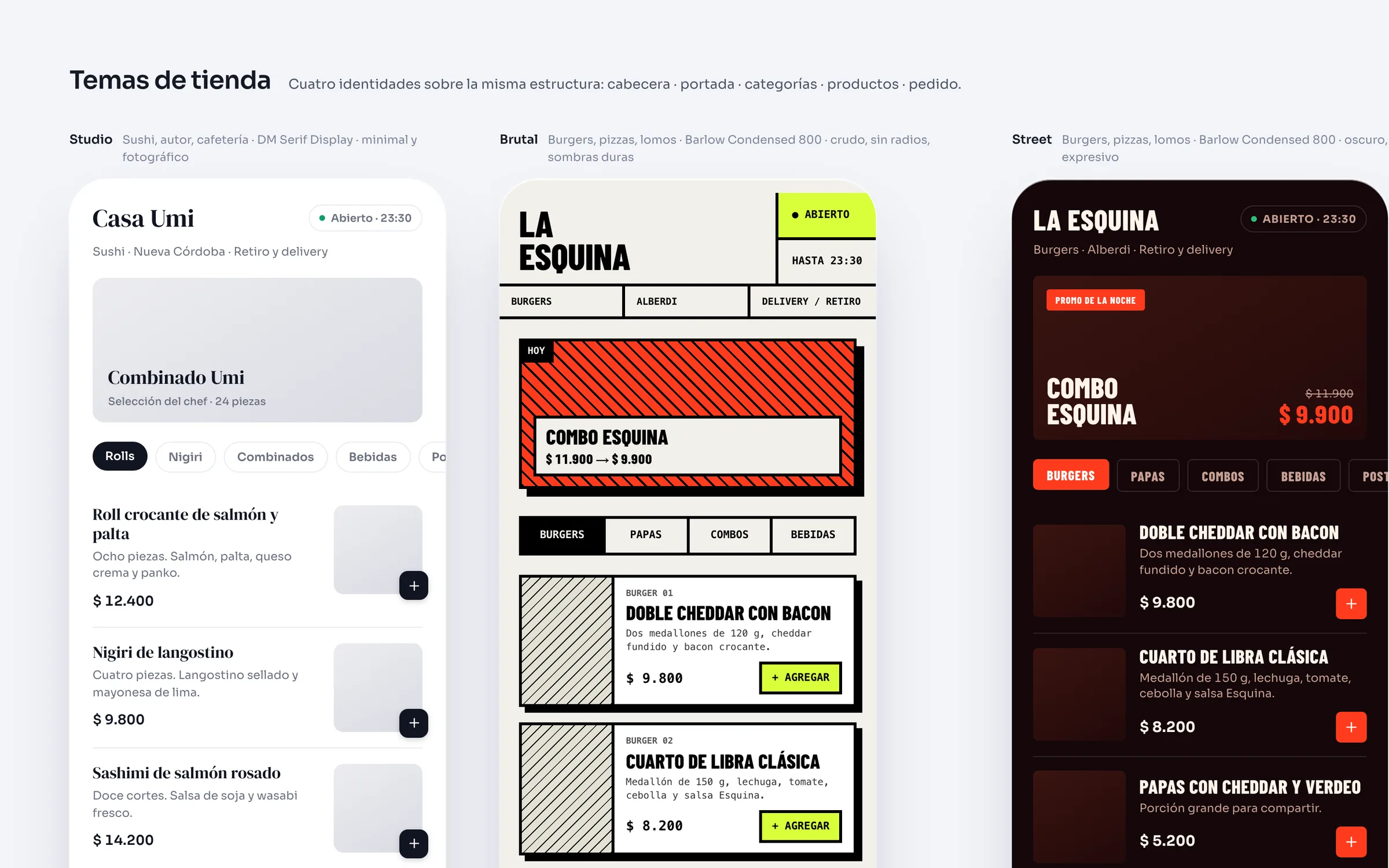 Canvas de diseño Temas de tienda: Studio, Brutal y Street sobre la misma estructura