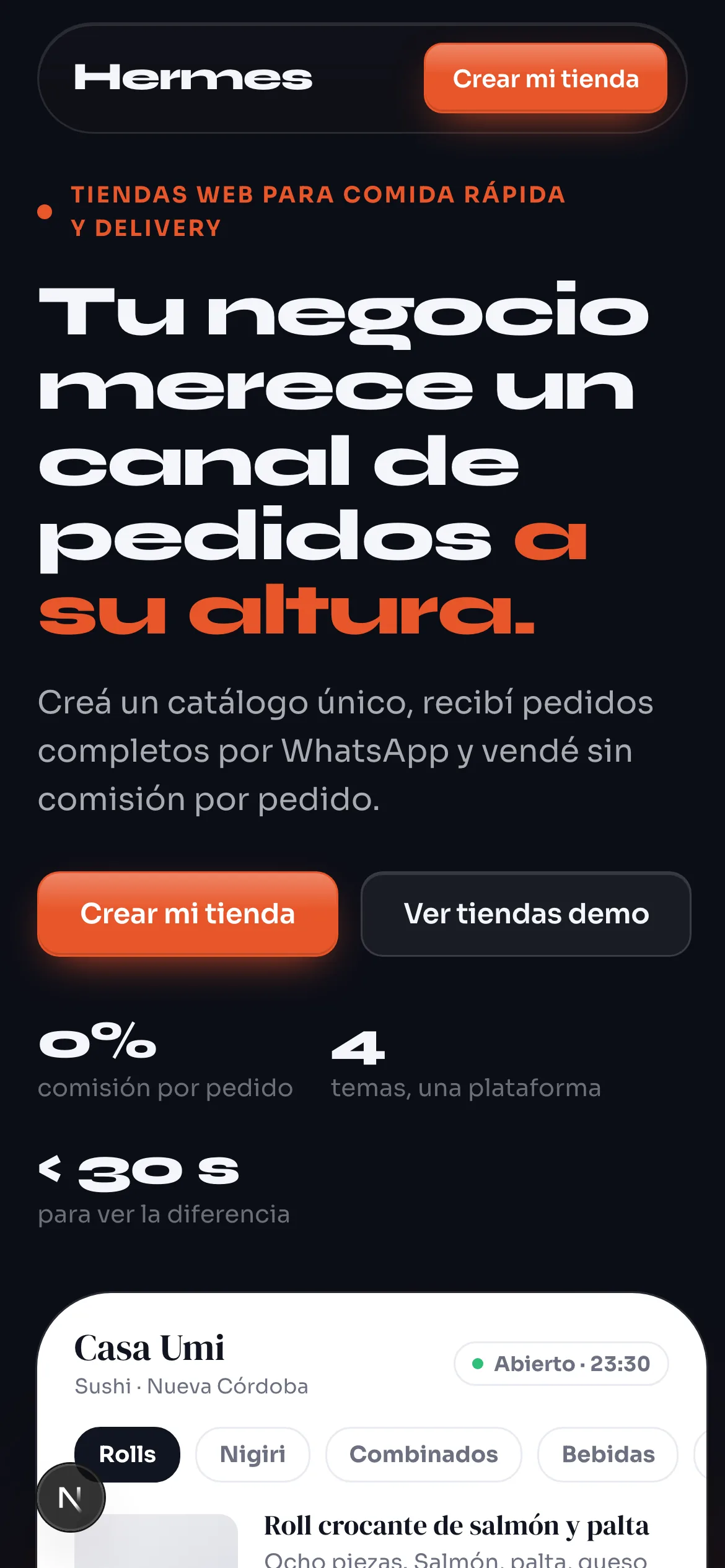 El landing de Hermes en el celular: Tu negocio merece un canal de pedidos a su altura, y la tienda de Casa Umi