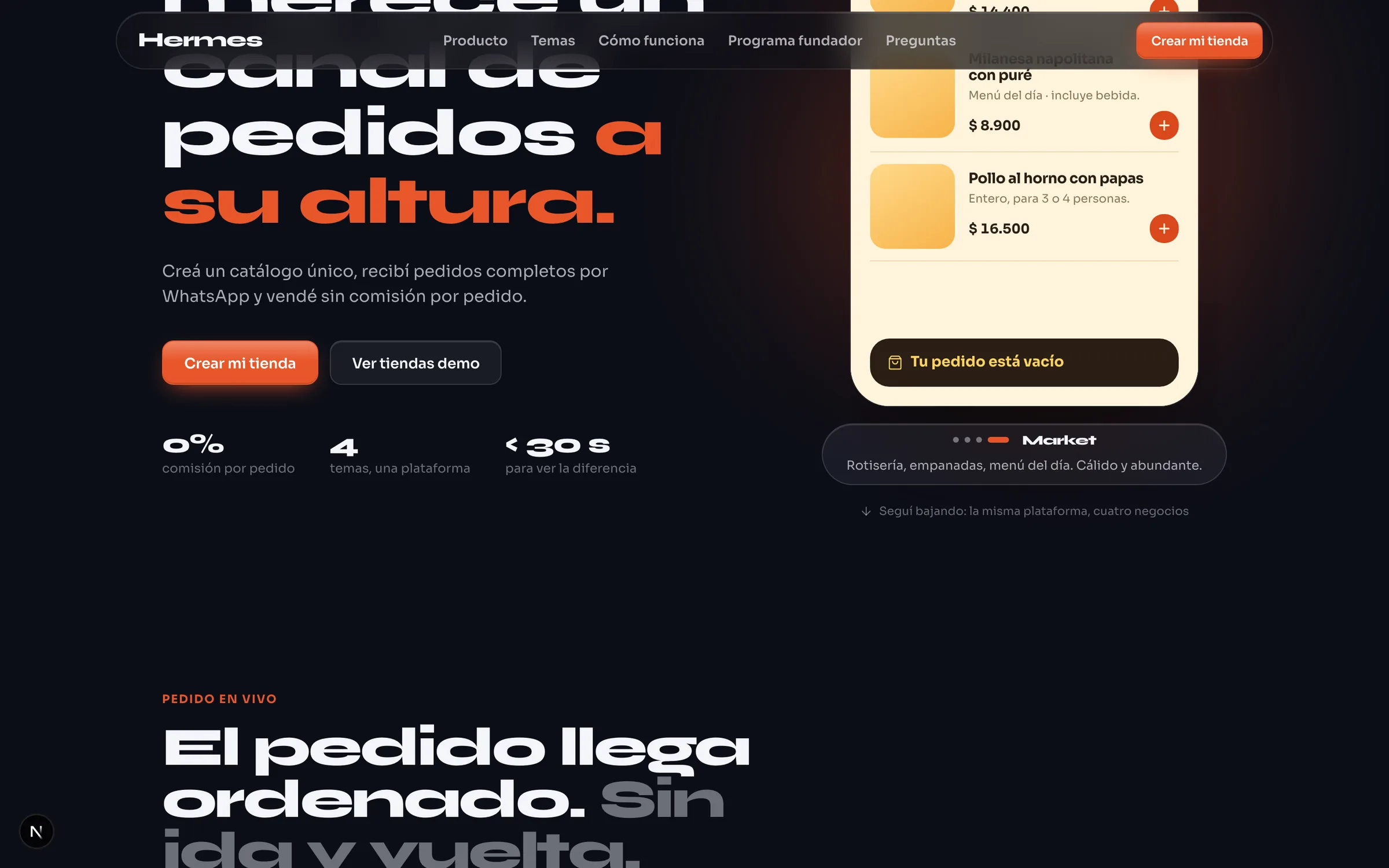 El landing de Hermes todavía de noche, con la tienda Market de Lo de Tere en un celular y el inicio de la sección Pedido en vivo