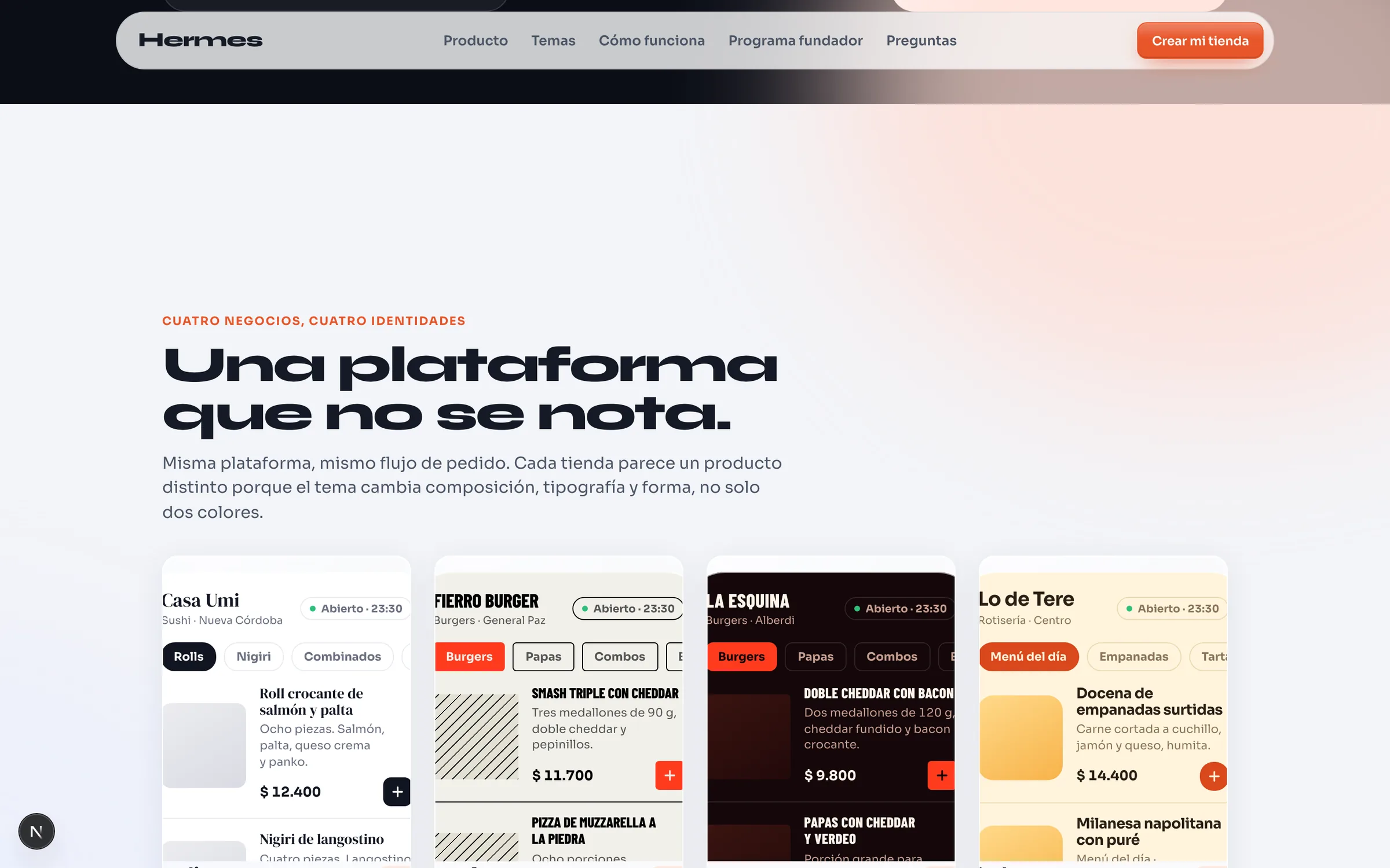El landing de Hermes ya de día: la sección Cuatro negocios, cuatro identidades, con las tiendas de Casa Umi, Fierro Burger, La Esquina y Lo de Tere